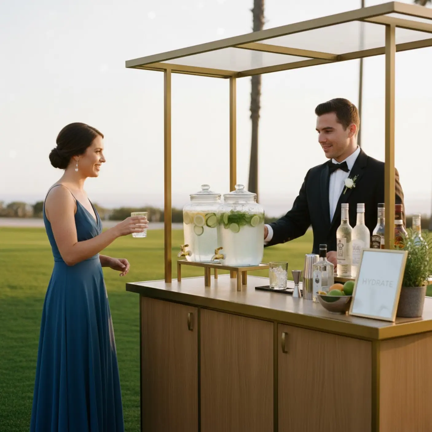 A luxury outdoor wedding reception in San Diego County at sunset with a stylish mobile bar setup