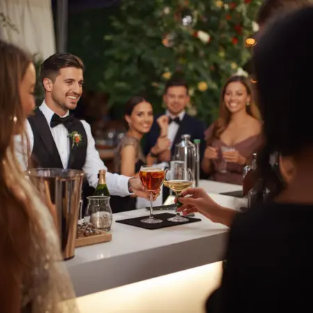 Professional bartending service for wedding reception with multiple bartenders serving cocktails at an elegant wedding bar