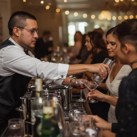 Wedding bartender efficiently serving guests with smooth drink flow and no long lines during reception