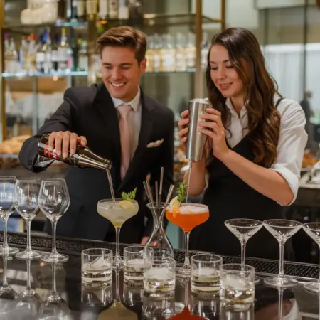 Wedding bartending service showcasing beer, wine, and signature cocktails at a professionally staffed bar