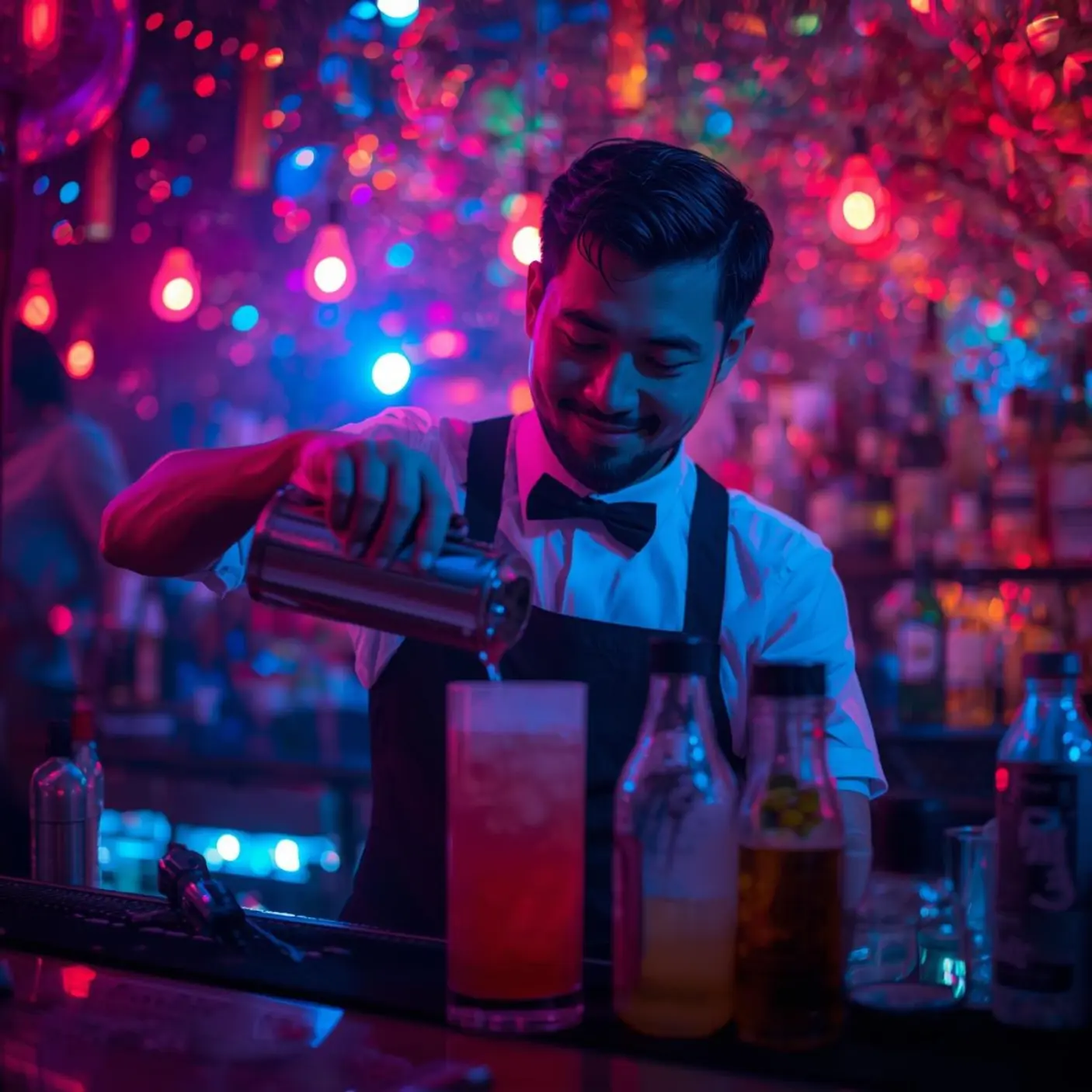 elegant wedding reception bar scene with a professional bartender