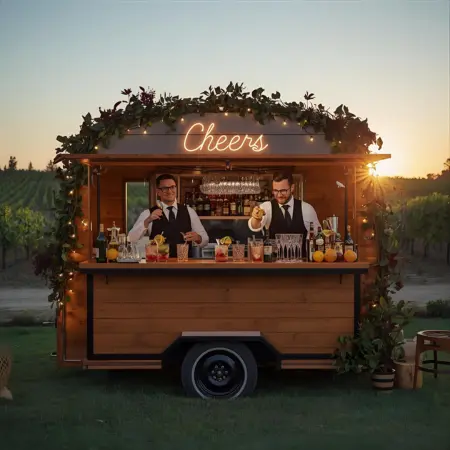 luxury California outdoor wedding bar setup at golden hour