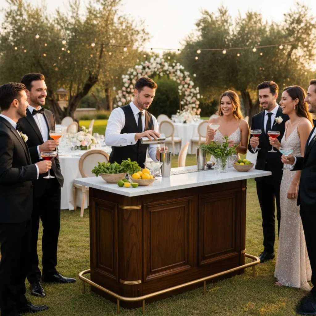 A luxury outdoor wedding reception featuring a stylish mobile bartending setup