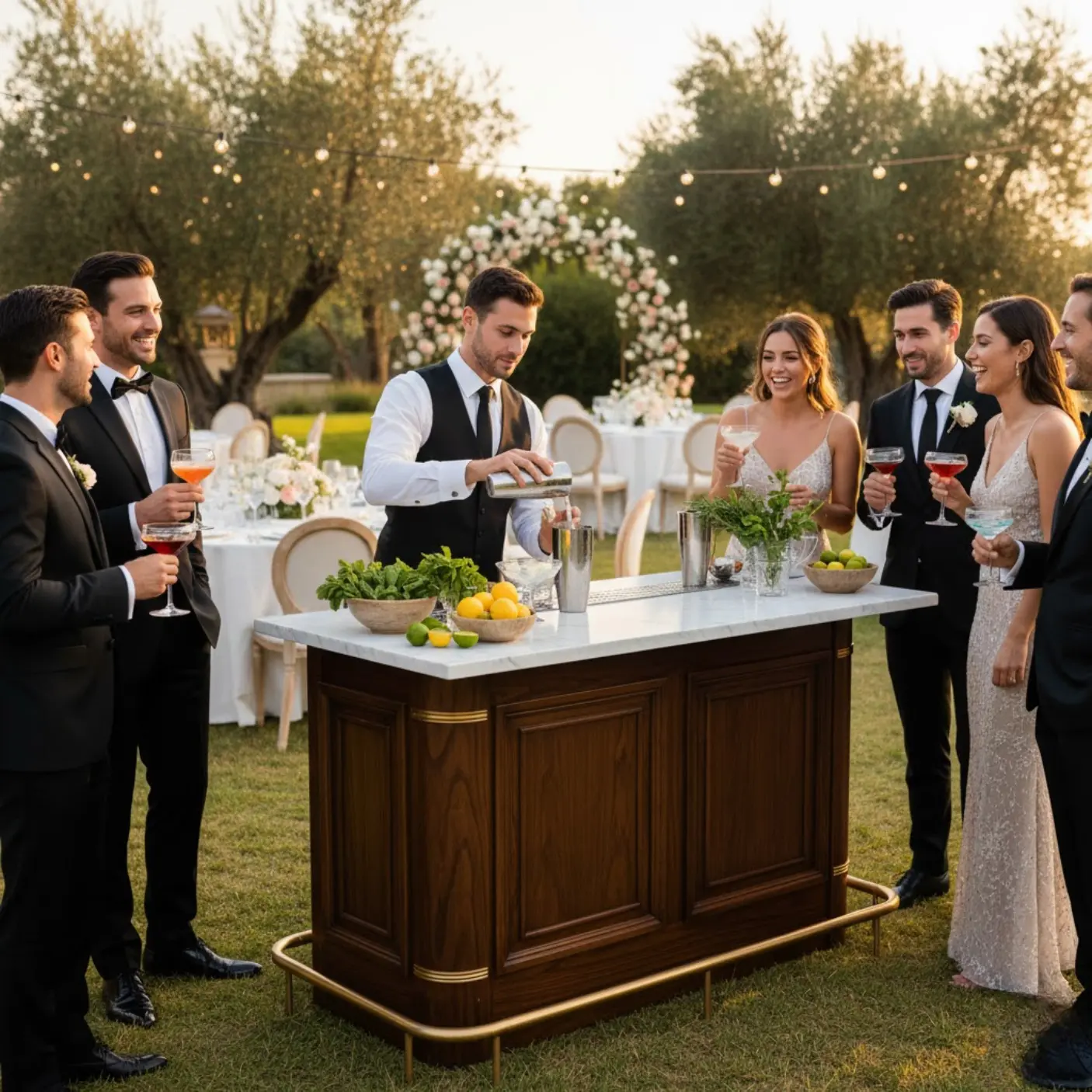 A luxury outdoor wedding reception featuring a stylish mobile bartending setup