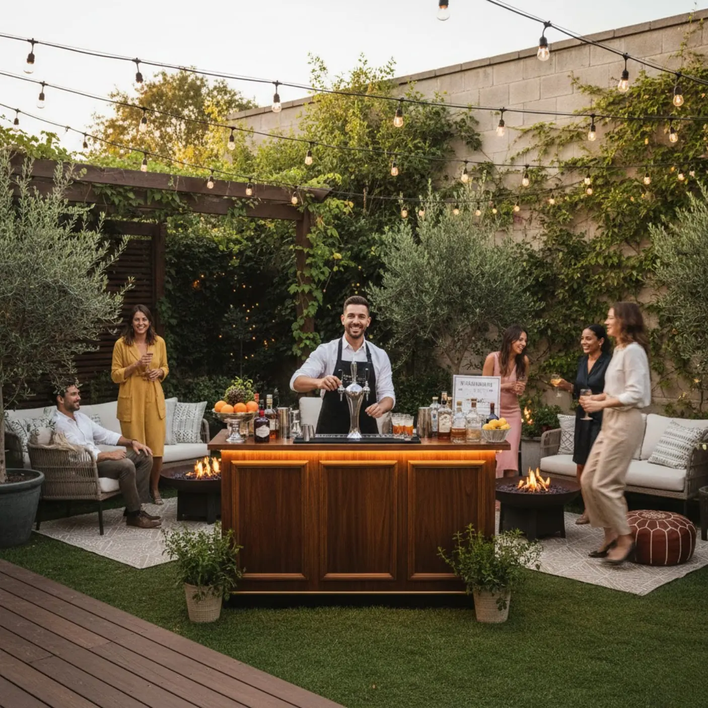 Mobile bartender service providing professional outdoor bar service at a private backyard party