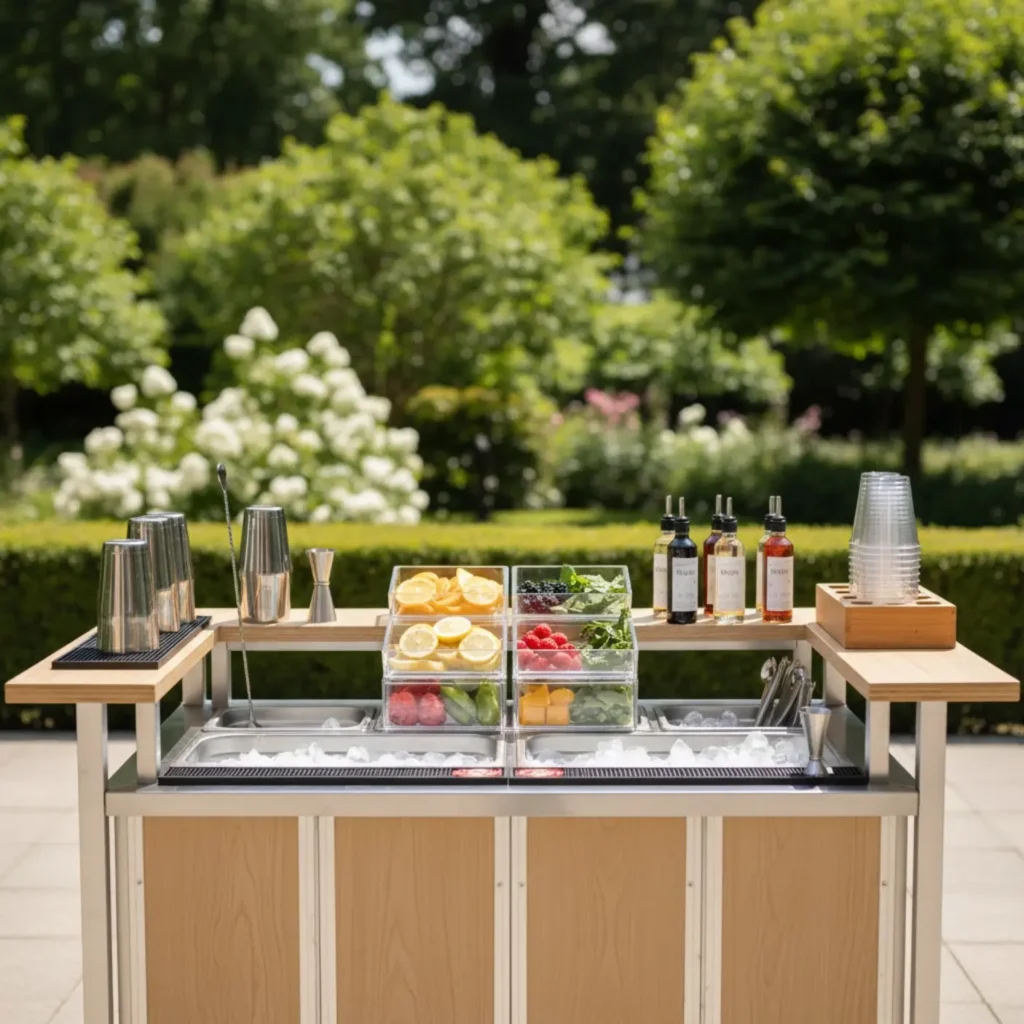 Outdoor mobile bartending setup with portable bar, cocktail tools, and garnish station