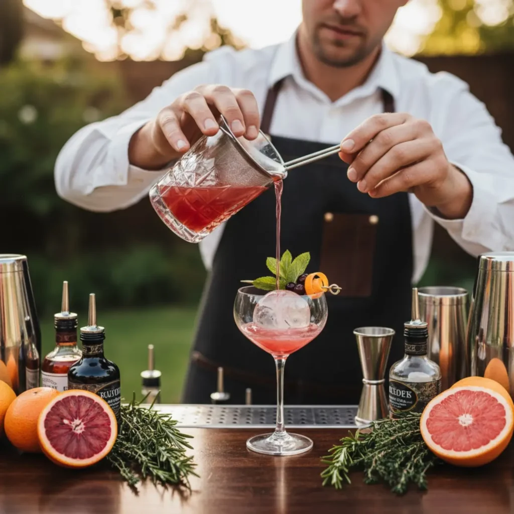 Professional mixologist crafting a signature cocktail at an outdoor mobile bar setup