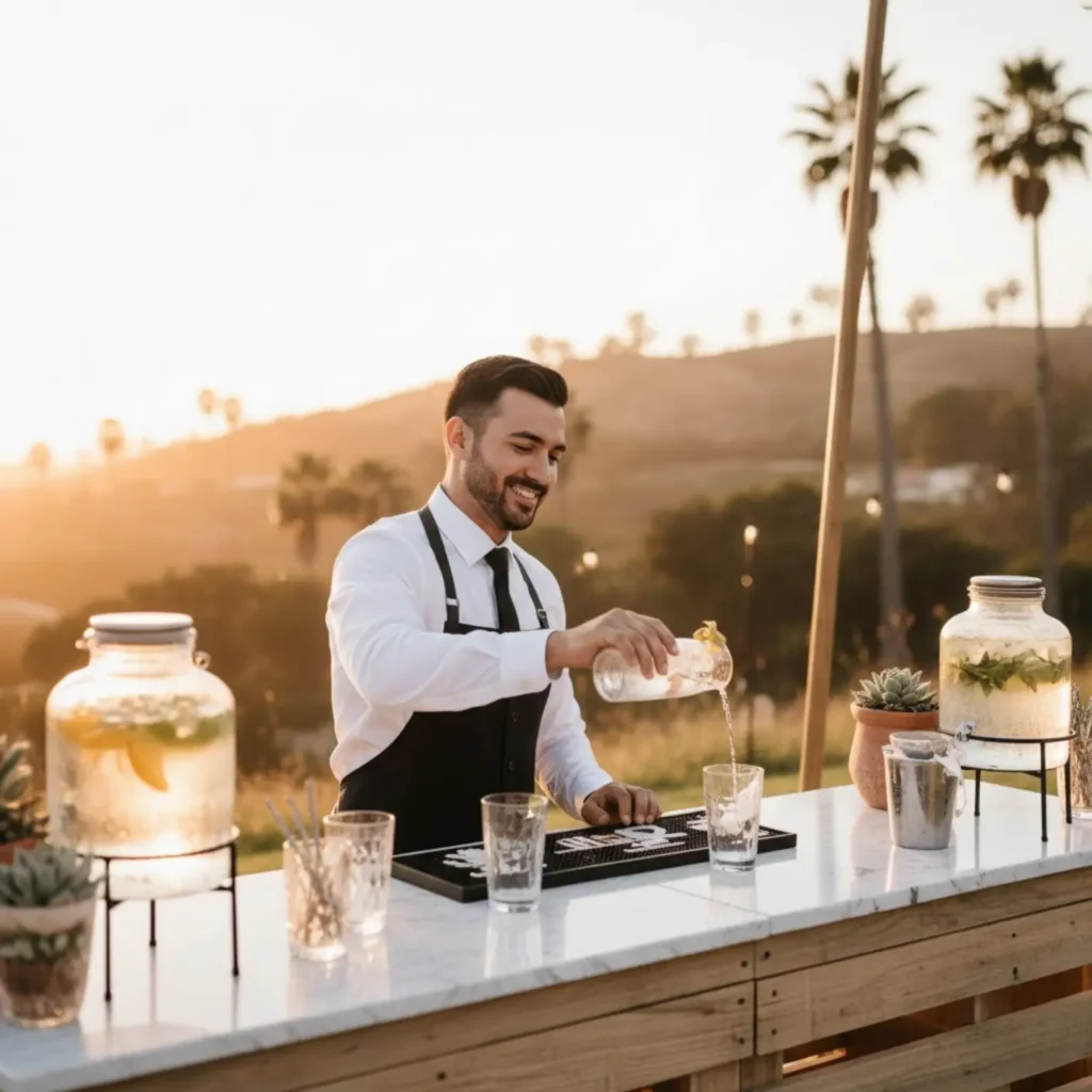 hydration station at a wedding with glass water dispensers