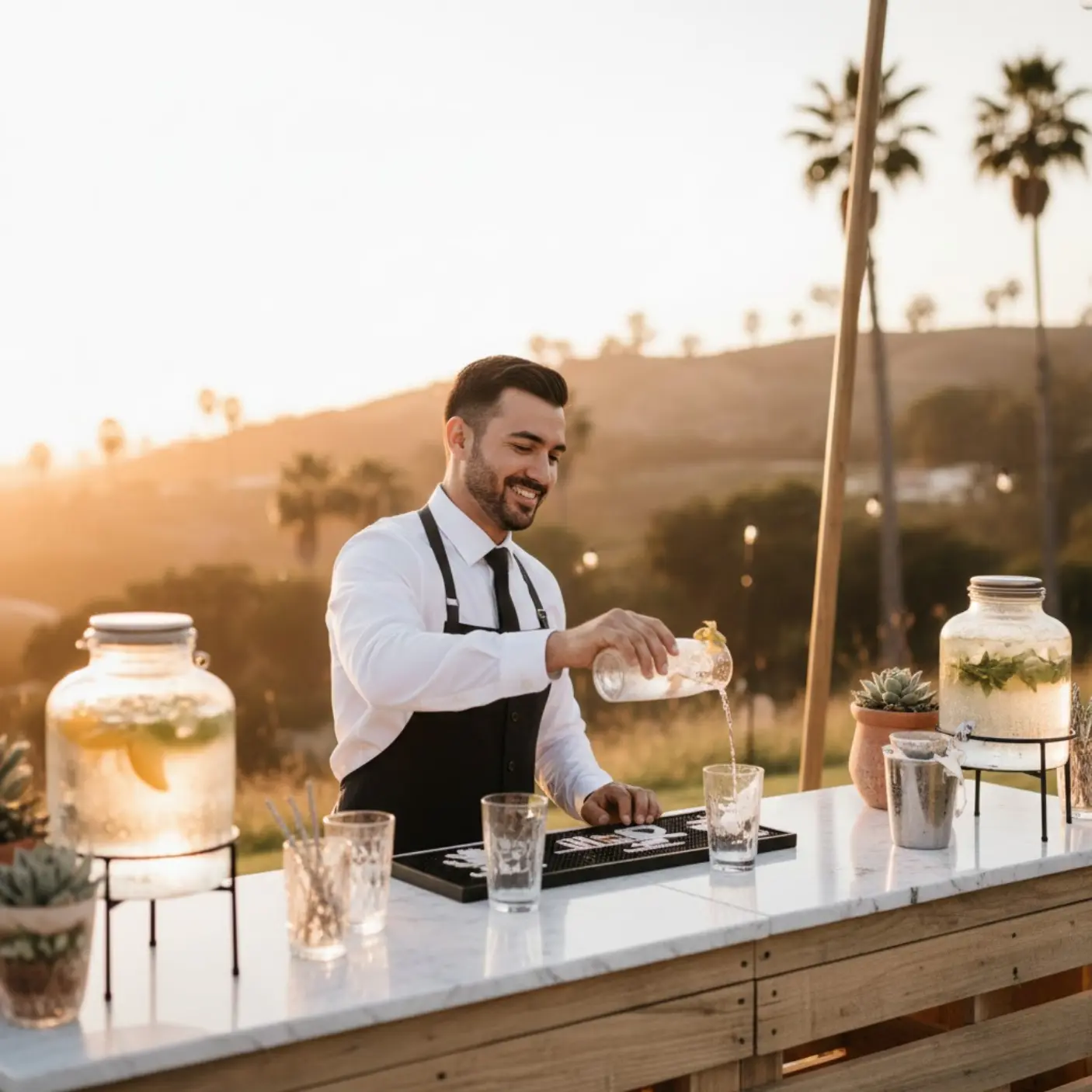 hydration station at a wedding with glass water dispensers