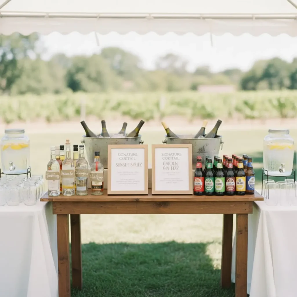 neat bar setup with labeled liquor bottles