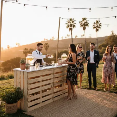 stylish but simple outdoor wedding bar setup