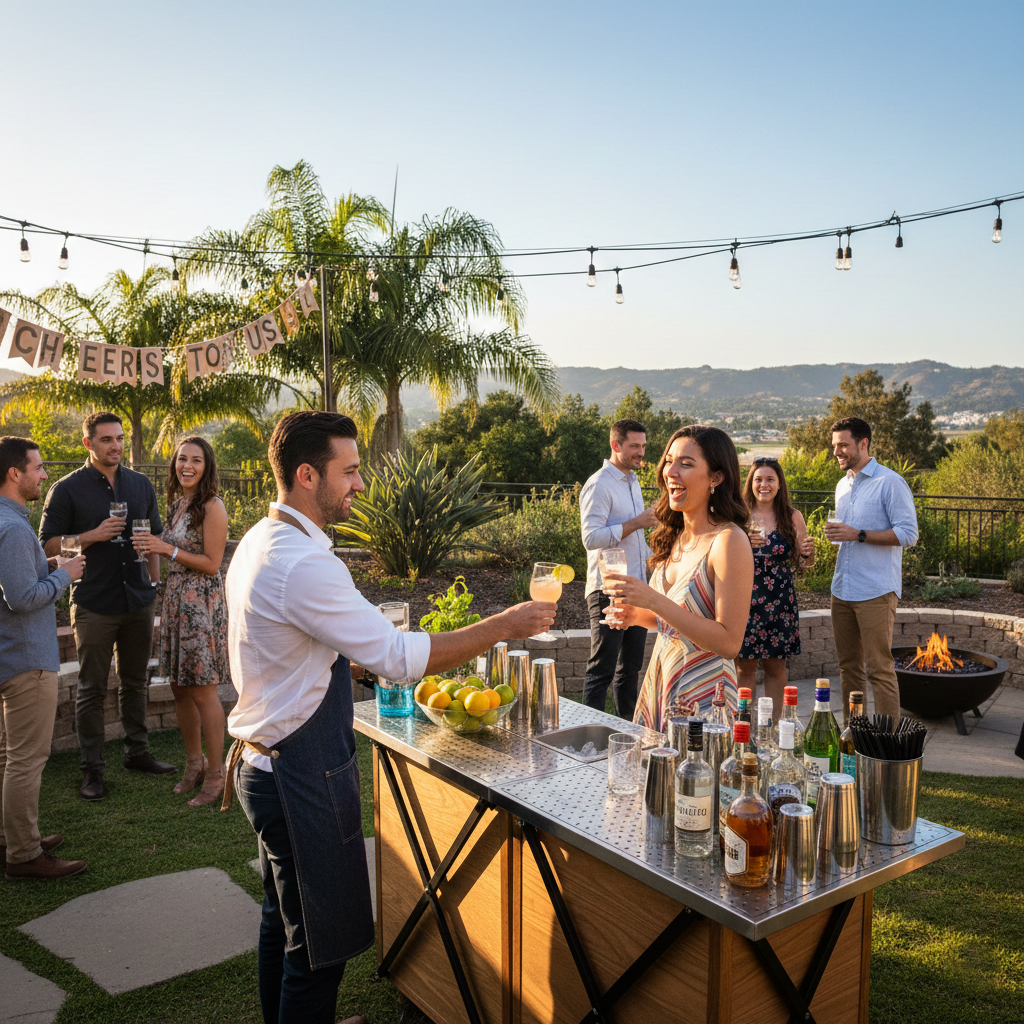 Cheap bartender service California providing professional mobile bar service at a backyard event
