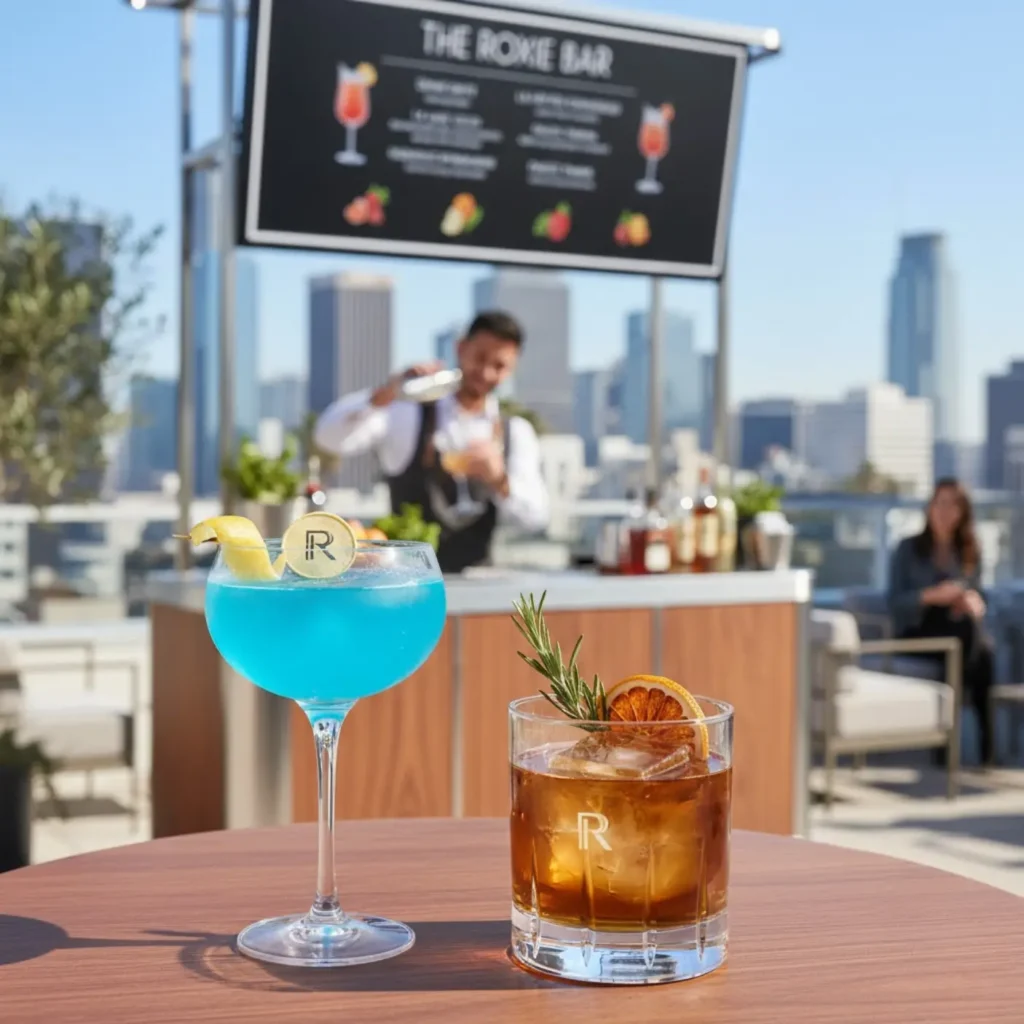 Mobile bar setup for corporate event bartending services in Los Angeles office venue