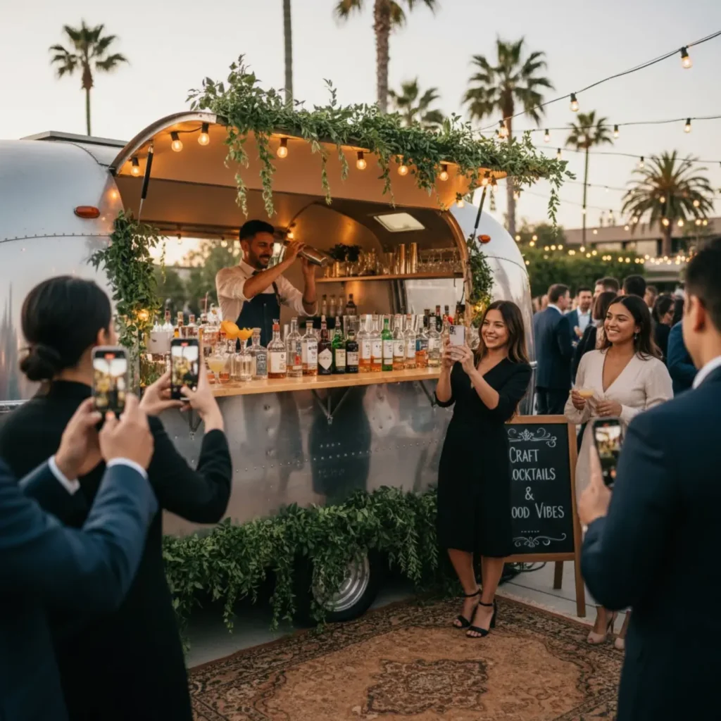 Mobile bar trailer used for professional event bartending services in California