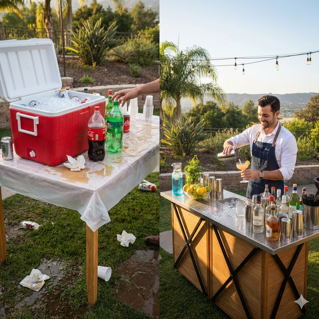 Comparison of DIY bar setup versus professional bartender service in California
