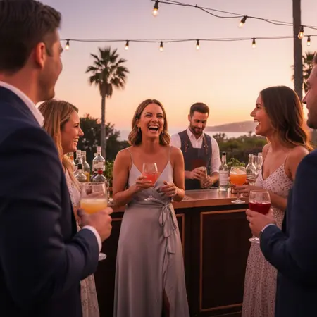 Orange County private party host enjoying event while bartender handles drinks