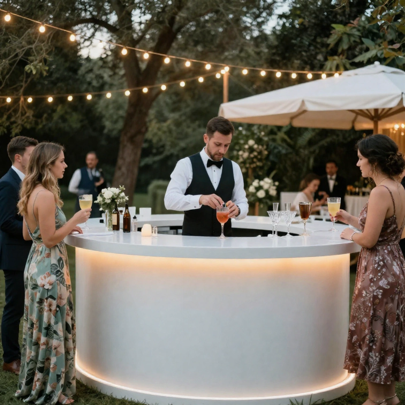 professional bar service for wedding reception with bartender serving guests