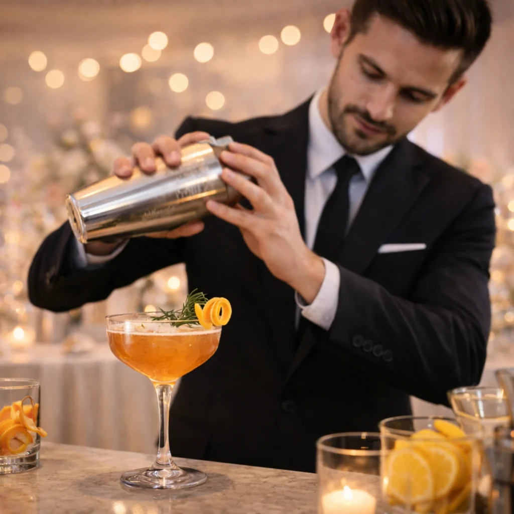 portable wedding bar setup with professional bartending equipment