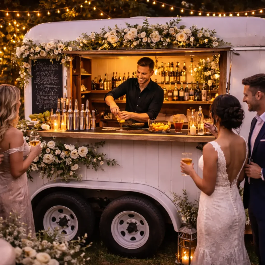 vintage horse trailer mobile bar serving drinks at rustic wedding