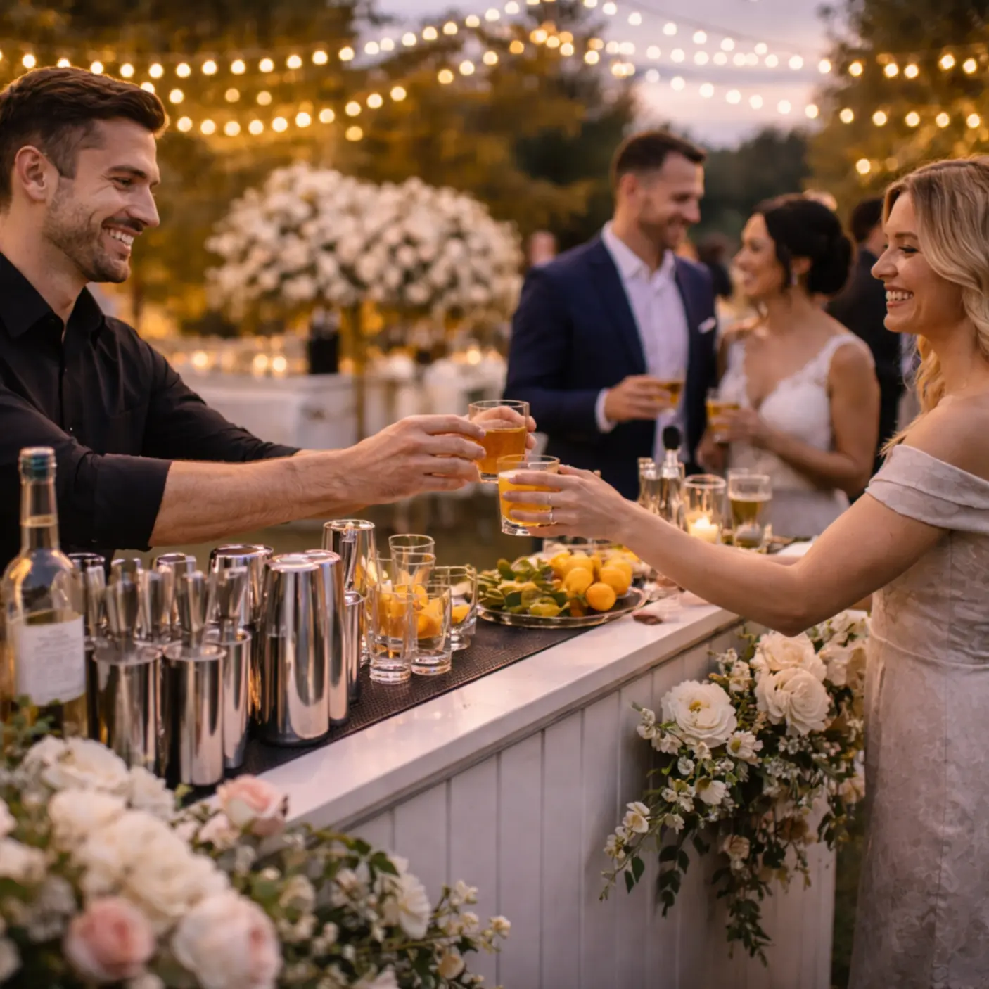 mobile bar for weddings outdoor reception with bartender serving drinks