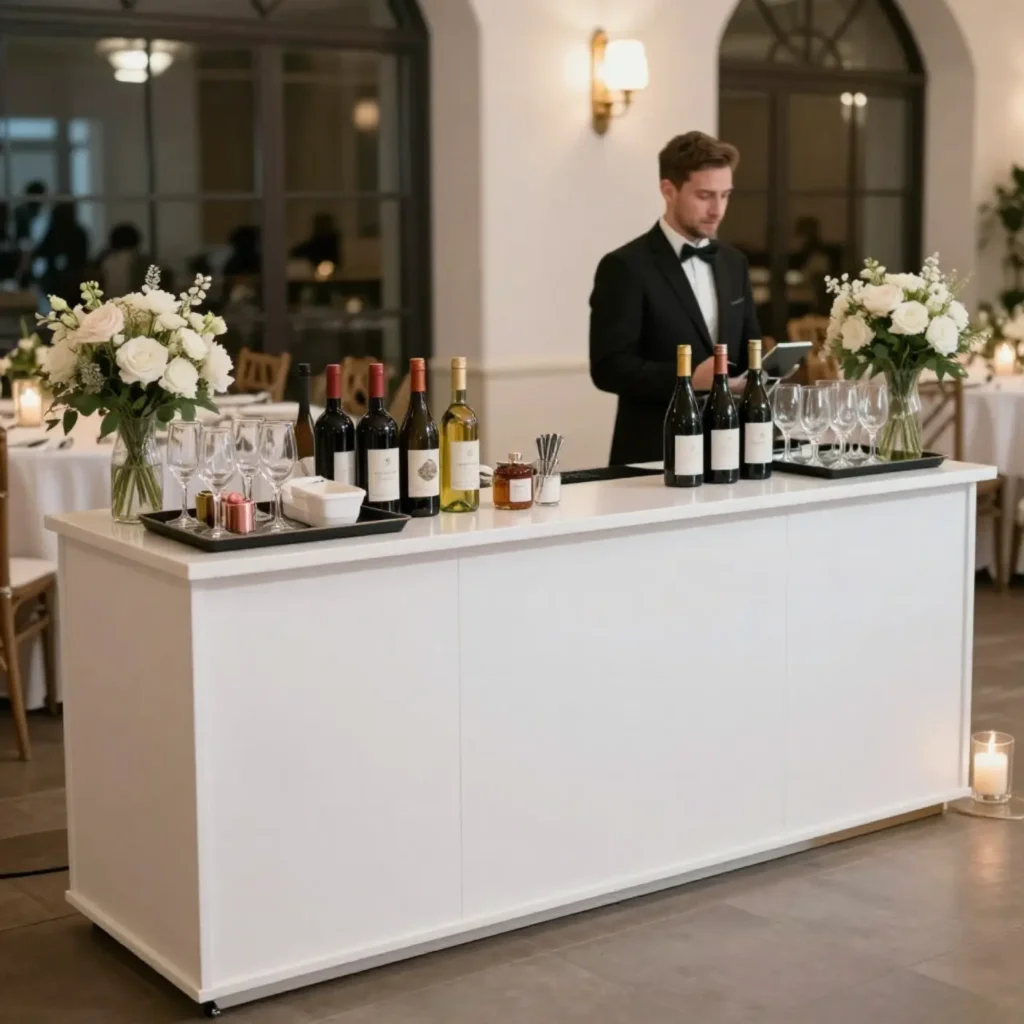 portable wedding bar setup with bartending tools and cocktail supplies