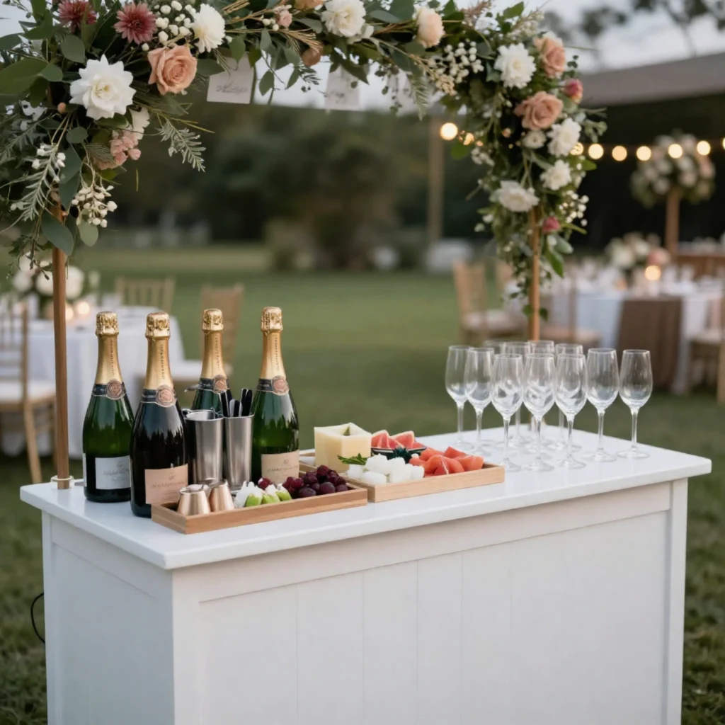 portable wedding bar setup with bartending tools and champagne