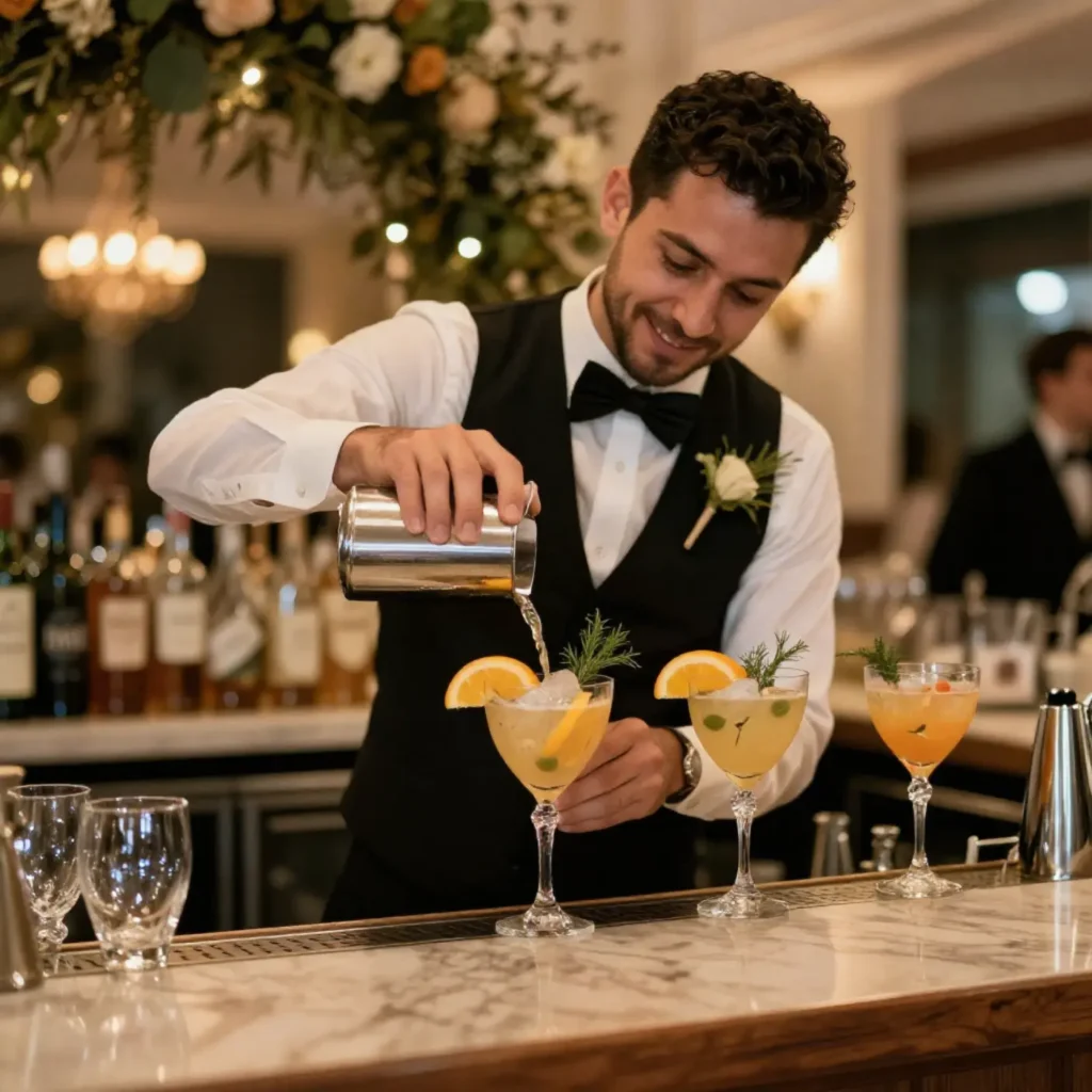 bartender preparing signature cocktails at mobile wedding bar