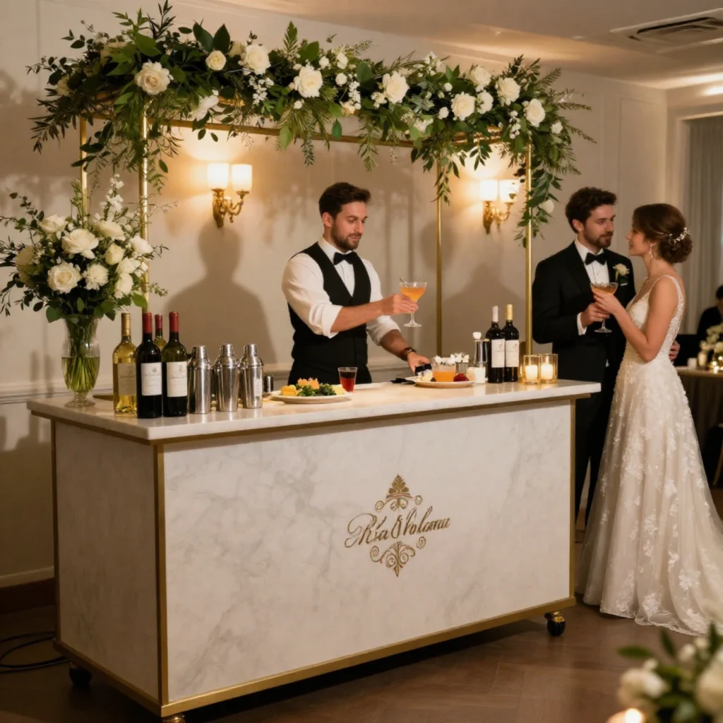 portable wedding bar setup with bartending tools and champagne bottles