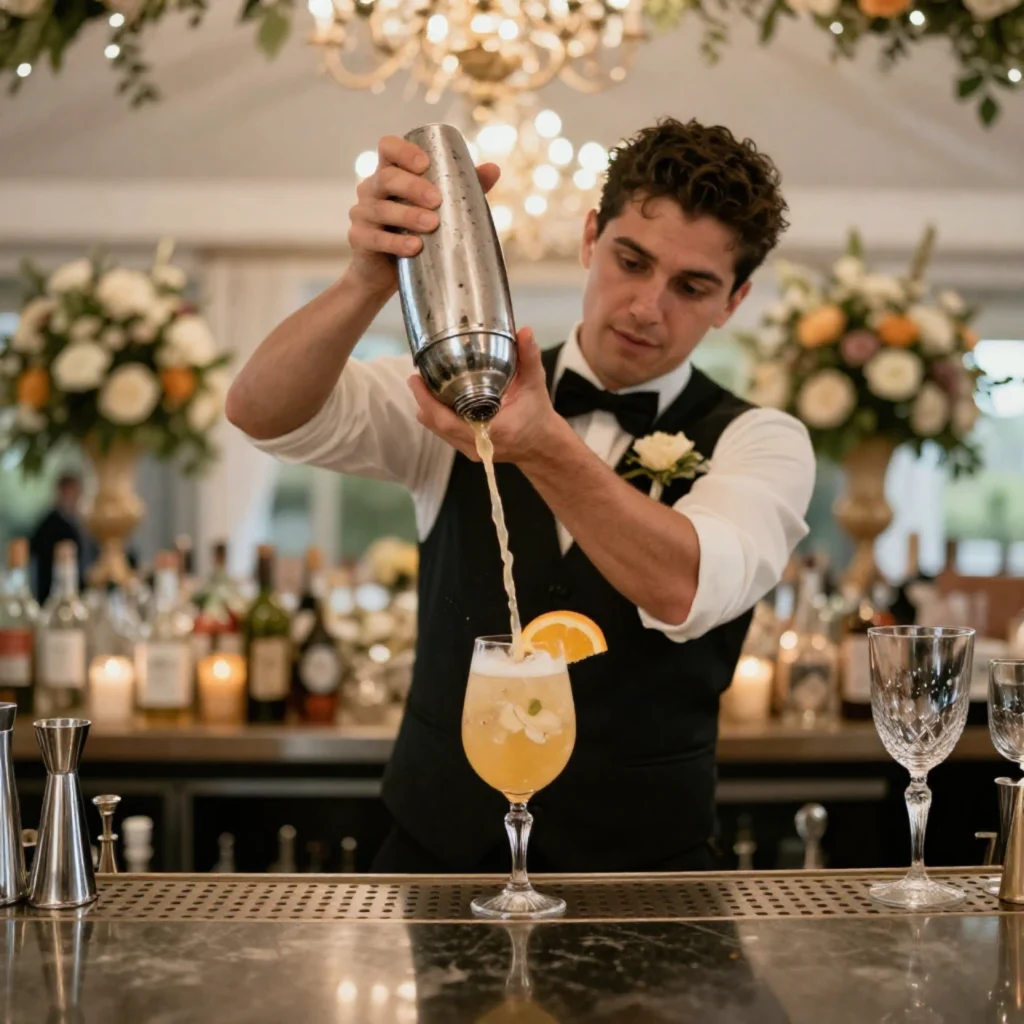 professional wedding bartender preparing cocktail at reception bar