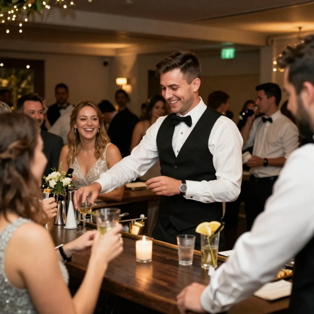 wedding bartender serving drinks to guests at reception bar