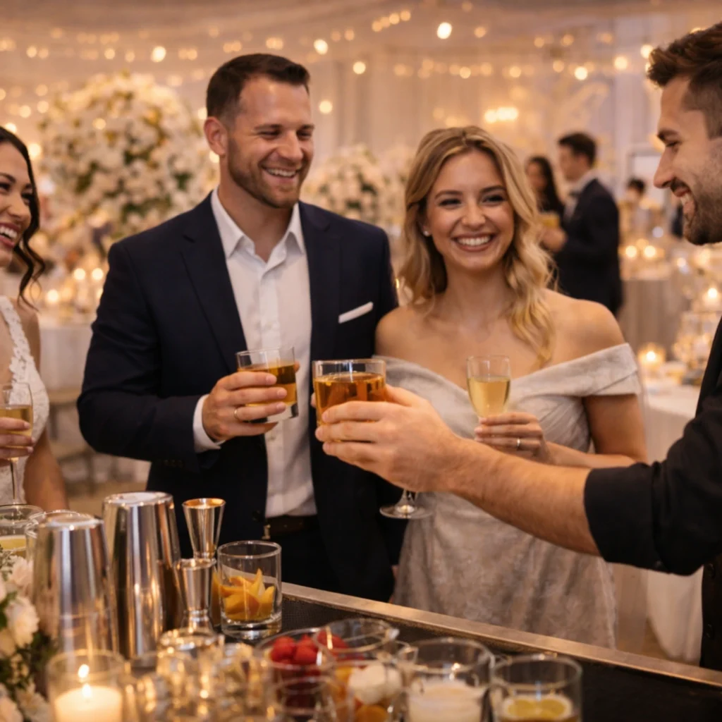 wedding bartender serving drinks to guests during reception