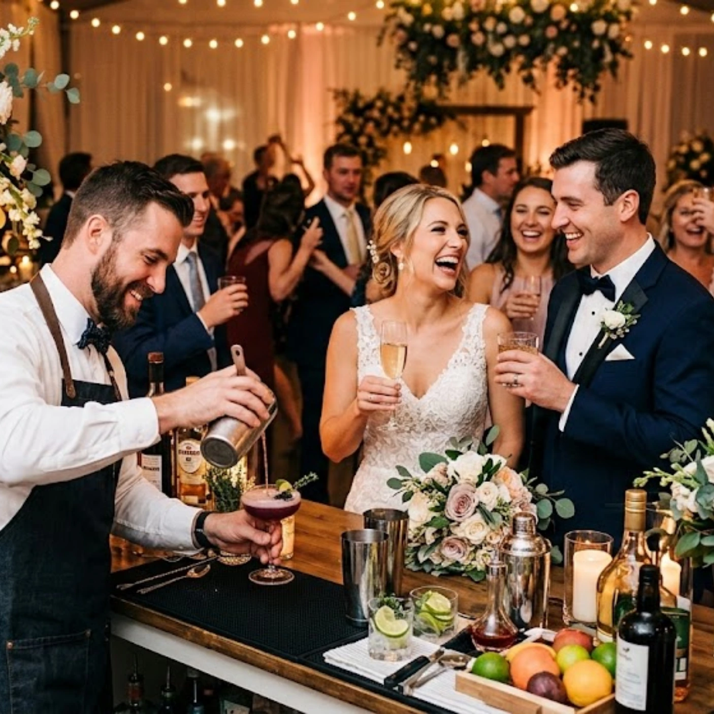 professional wedding bartender making signature cocktail for guests